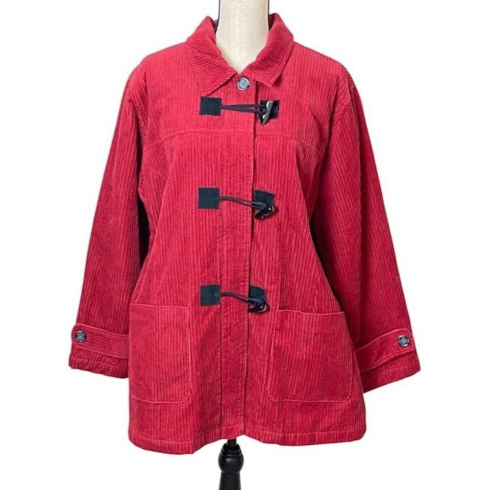 Vintage 90s Denim & Co 1X Red Wide Wale Corduroy Toggle Duffle Chore Jacket Cozy